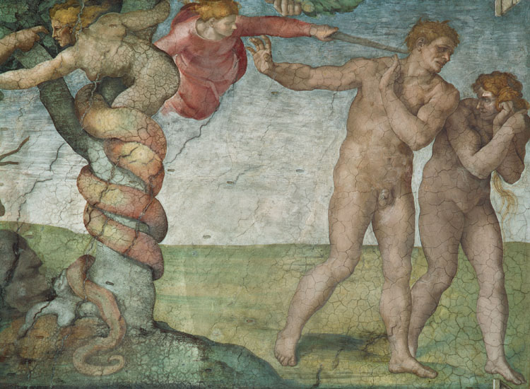 Michelangelo, Peccato originale e cacciata dal Paradiso terrestre (1510 circa), affresco, particolare. Roma, volta della Cappella Sistina